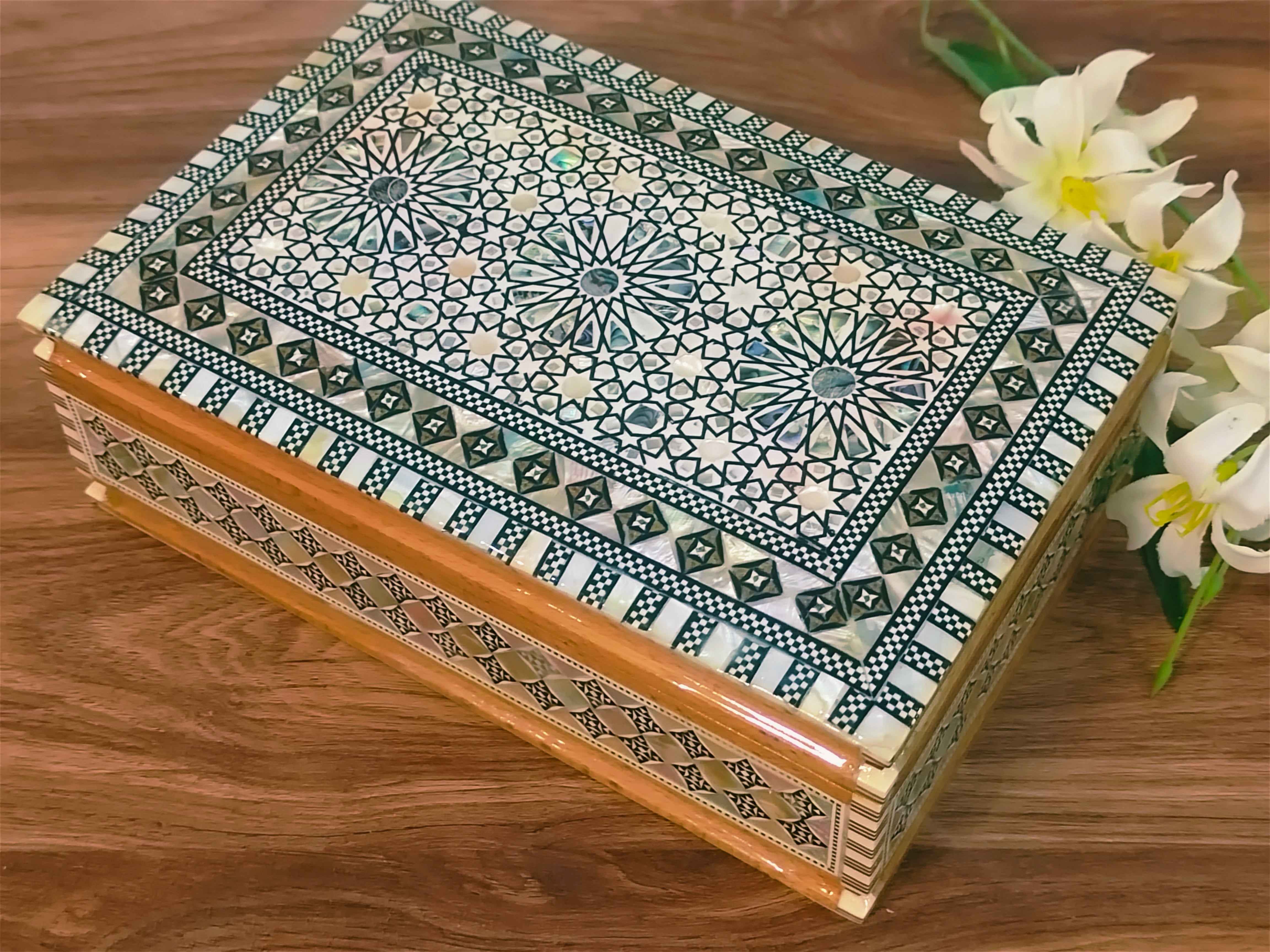 Wood Jewelry Box Inlaid Mother Of Pearl Egyptian Handmade 8 8 X 5 8 wood-jewelry-box-inlaid-mother-of-pearl-egyptian-handmade-8-8-x-5-8