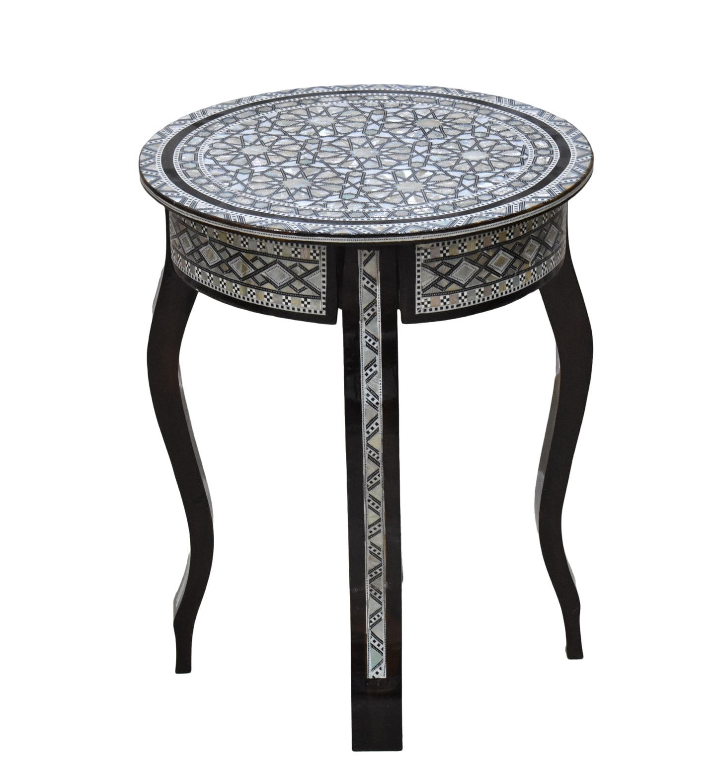 Mother of Pearl Moroccan Side Corner Wood Round End Coffee Brown Table