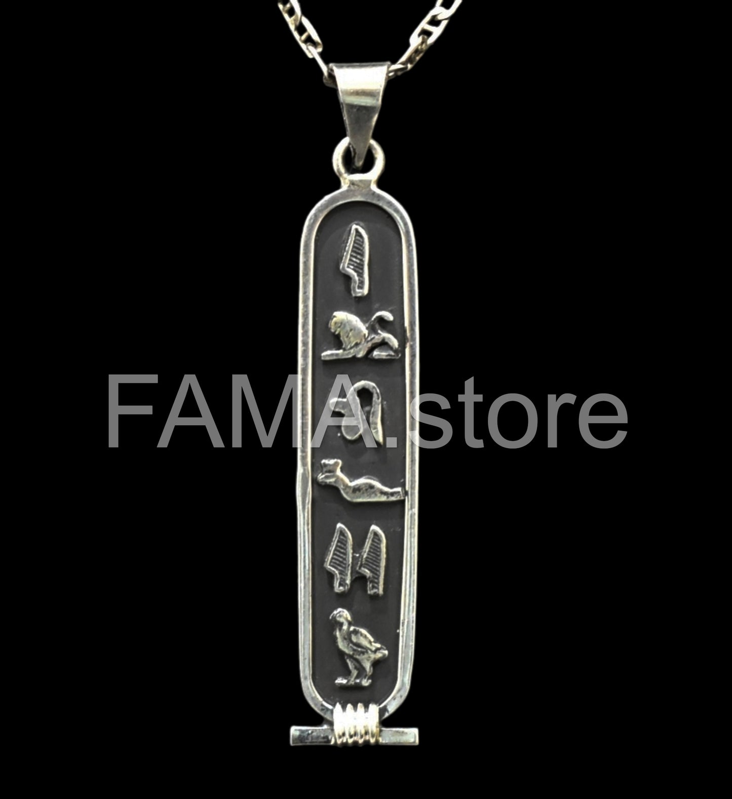 Customize Personalized Cartouche Necklace Available Oxidized Sterling Silver 1-Sided Solid Pendant Translate into ancient Egyptian Hieroglyphs Handmade in Egypt