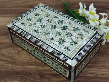 Wood Jewelry Box Inlaid mother of Pearl Egyptian Handmade (8" X 5.2" x 2.4" inch)