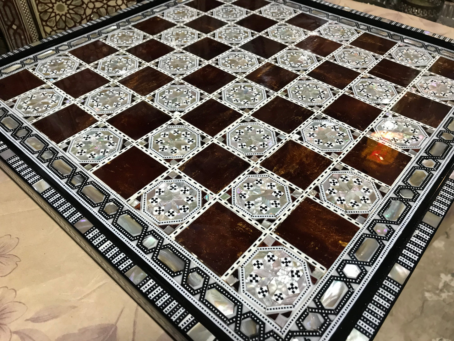 Chess Board Beech Wood Inlaid Mother of Pearl Egyptian Handmade (16.8 inch m05)