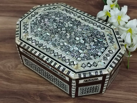 Wood Jewelry Box Inlaid mother of Pearl Egyptian Handmade (8.4" X 5.6" x 3" inch )