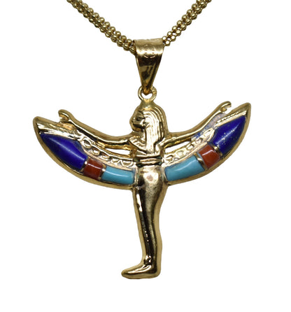 Egyptian jewelry pendant Queen Isis Wings18K yellow Gold multi colors gemstone Pharaonic 3.35 Gr handmade in egypt m09