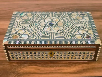 Wood Jewelry Box Inlaid mother of Pearl Egyptian Handmade (10.6 x 6.6 x 3 inch)