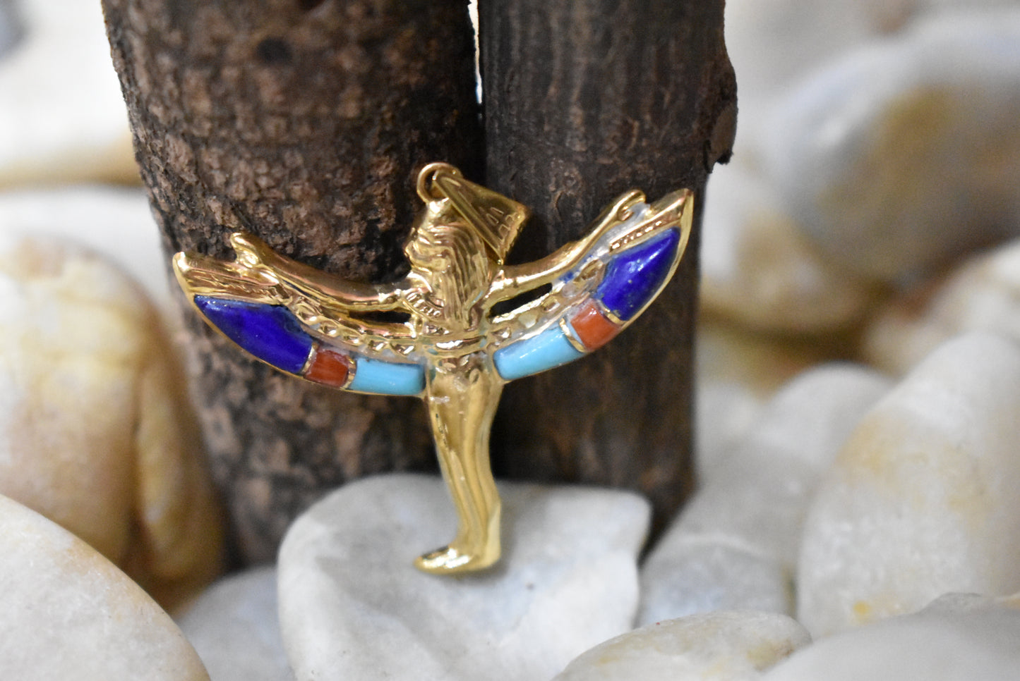 Egyptian jewelry pendant Queen Isis Wings18K yellow Gold multi colors gemstone Pharaonic 3.35 Gr handmade in egypt m09