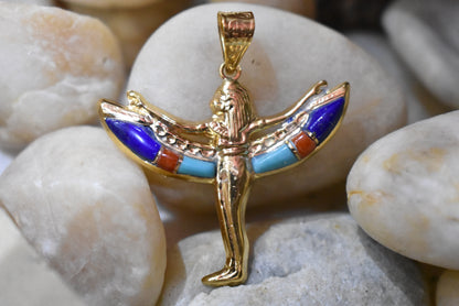 Egyptian jewelry pendant Queen Isis Wings18K yellow Gold multi colors gemstone Pharaonic 3.35 Gr handmade in egypt m09