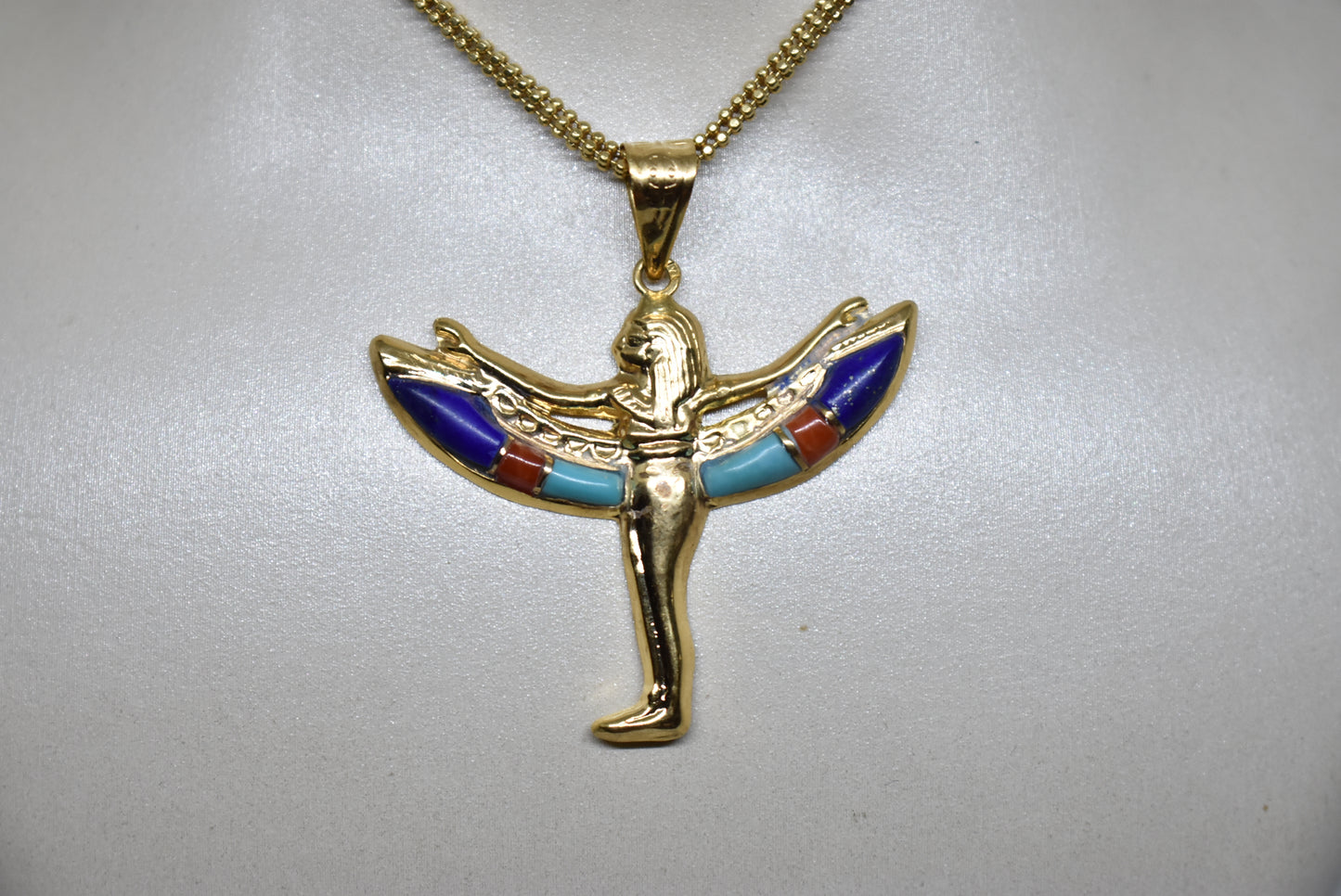 Egyptian jewelry pendant Queen Isis Wings18K yellow Gold multi colors gemstone Pharaonic 3.35 Gr handmade in egypt m09